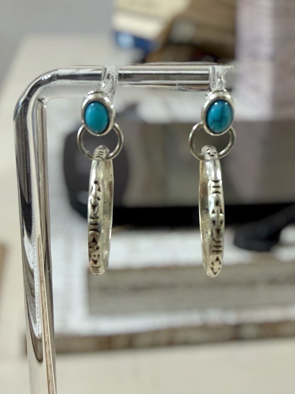 Turquoise Stone Silver Etched Hoop Drop Post Earrings
